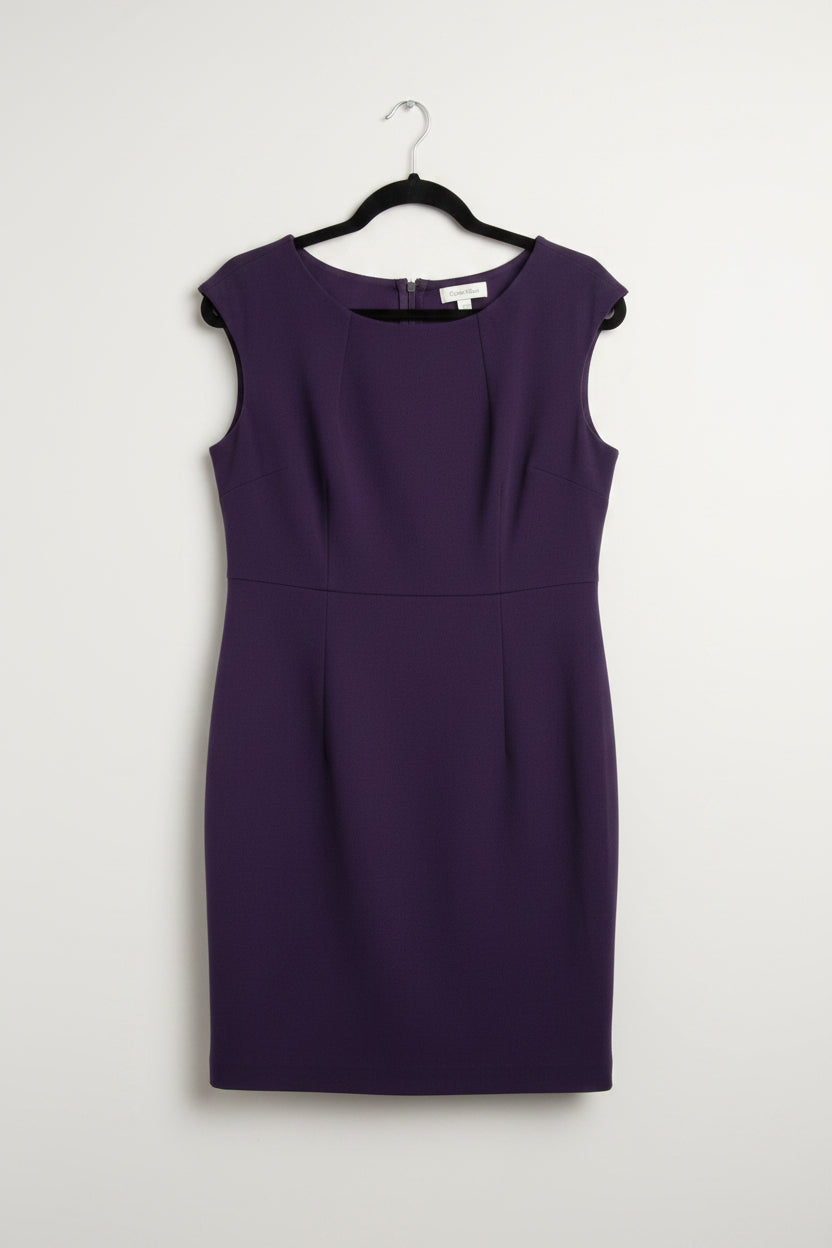 A sleeveless dark purple shift dress hanging on a black hanger against a white paneled door.