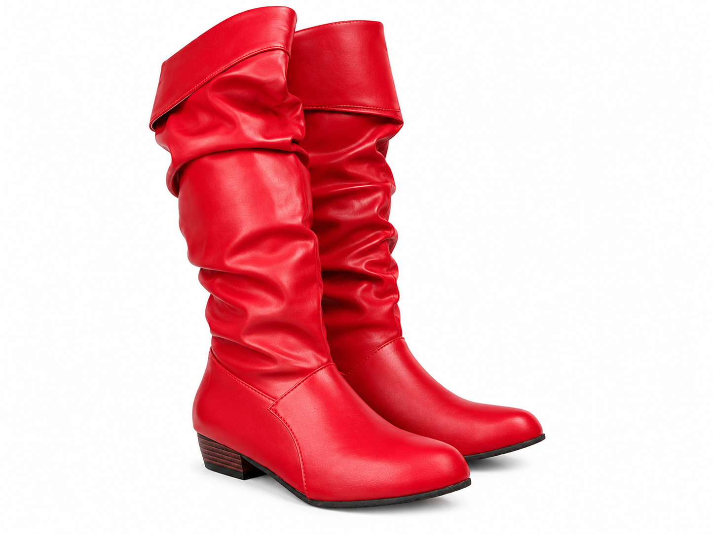 Women's Red Faux Leather Slouch Knee-High Boots – Low Block Heel | Size 36