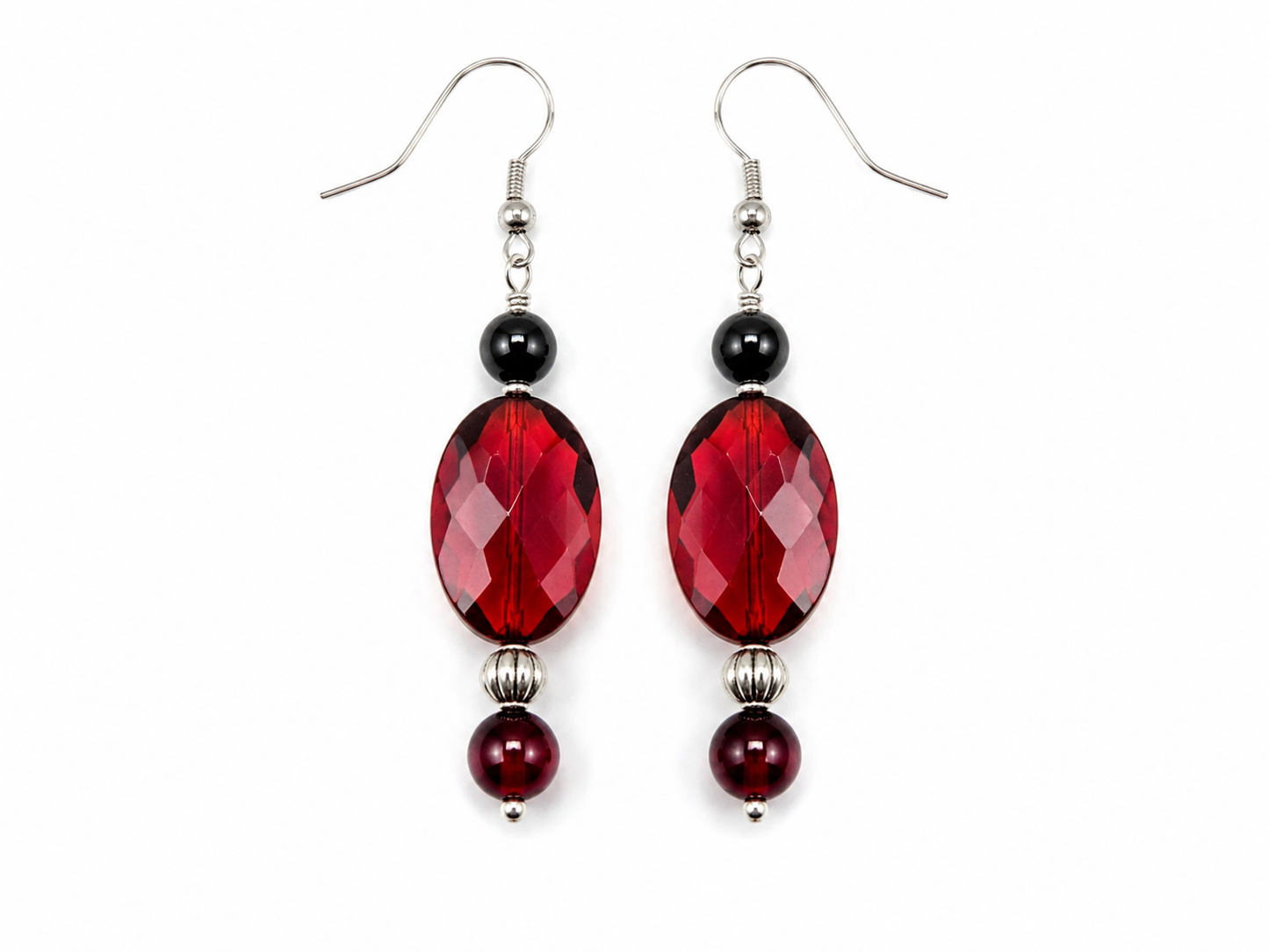 Handmade Garnet & Black Beaded Dangle Earrings – Game Day Statement Jewelry