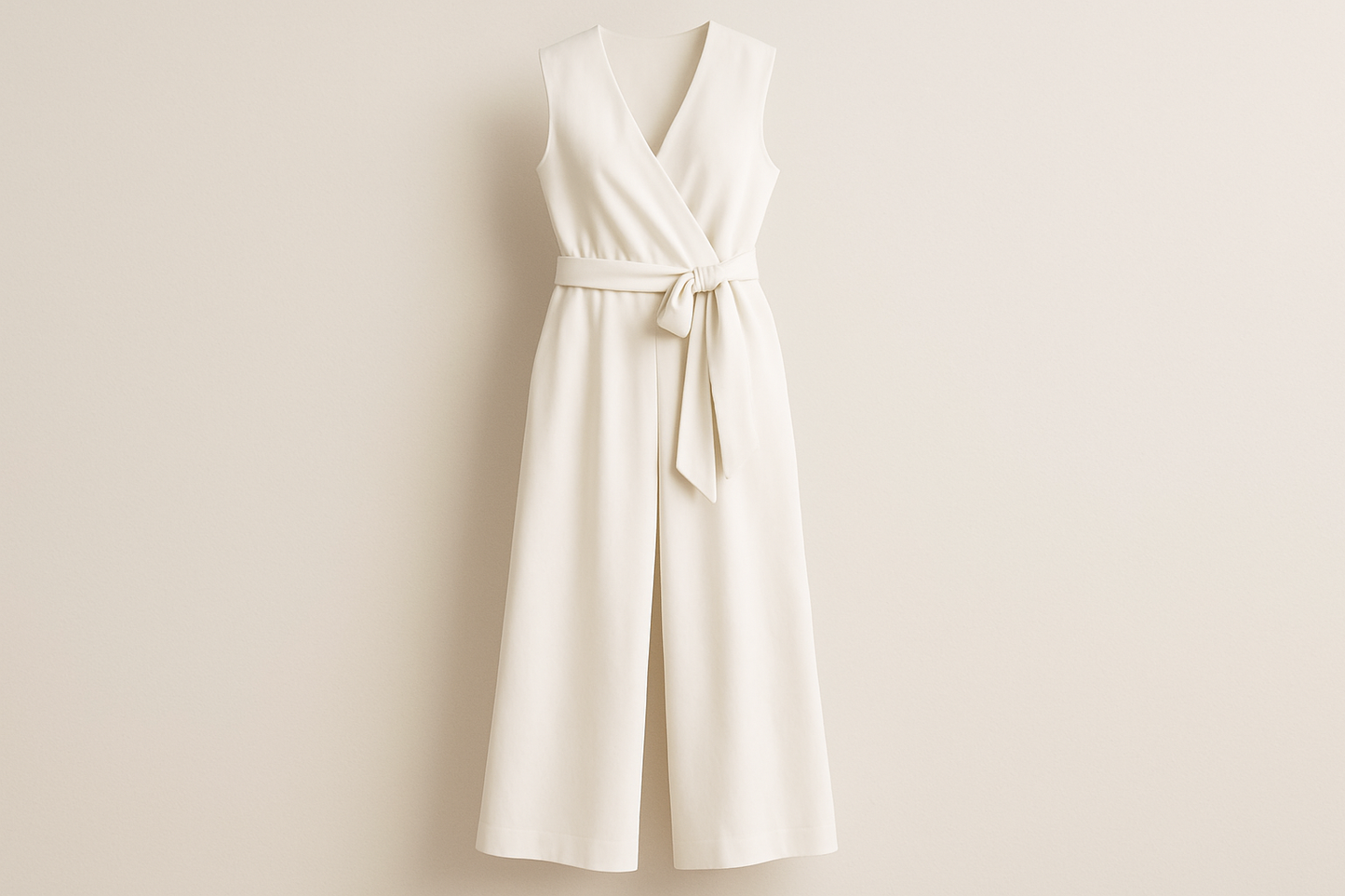 Generate a Sleeveless wrap dress in V-neck, wide leg and color white