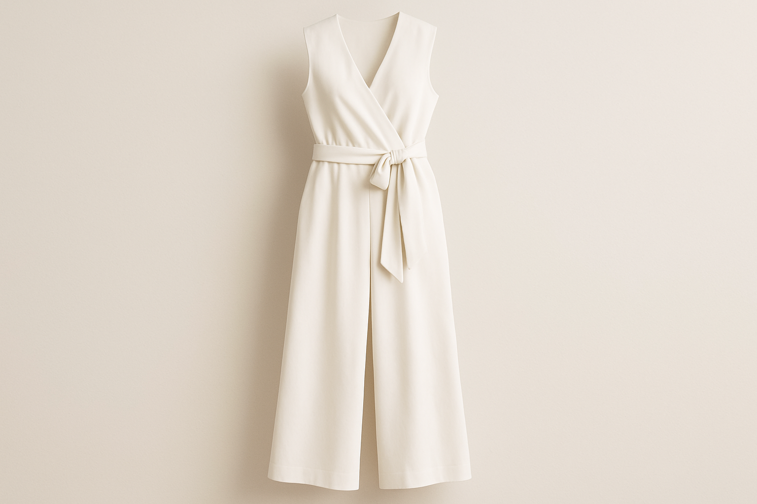 Generate a Sleeveless wrap dress in V-neck, wide leg and color white